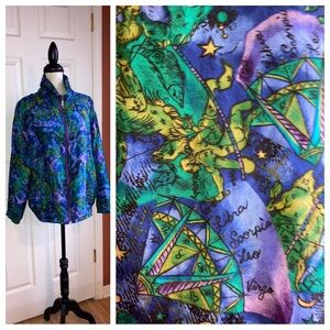 Vintage 90s Celestial Zodiac Astrology Print Silk Full Zip Watercolor Jacket S
